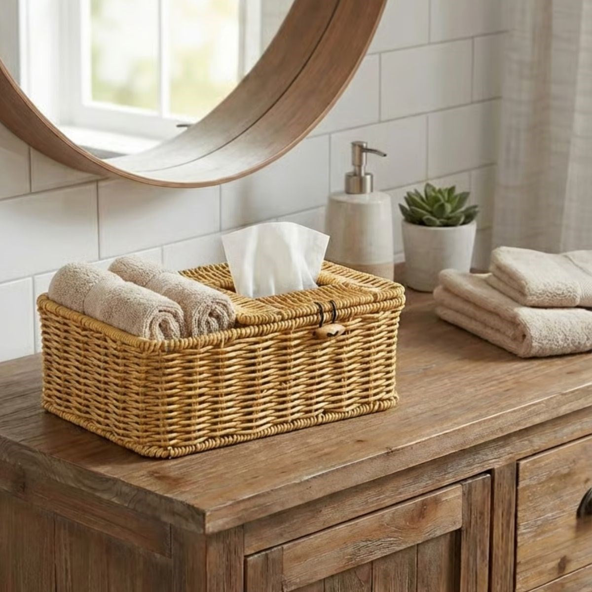 ANKAVERSE® Bölmeli Kapaklı Doğal Rattan Görünümlü Hasır Makyaj, Takı ve Havlu Düzenleyici - Peçetelikli Çok Amaçlı Masaüstü Organizer Sepet