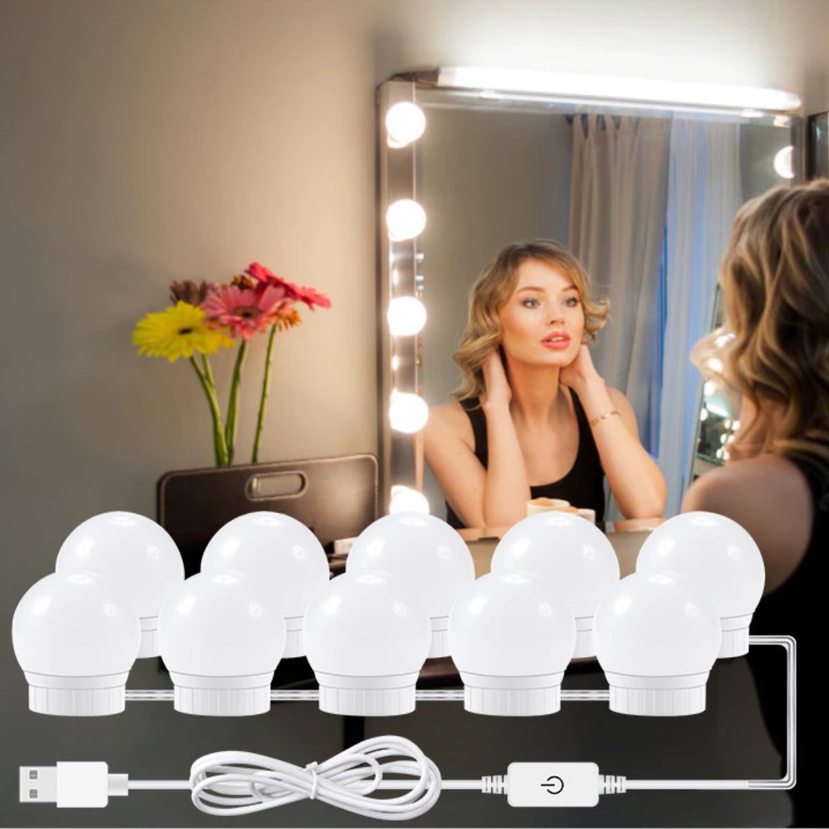 ANKAVERSE® Nostalji Hollywood Tarzı 10lu Makyaj Masası Aynası Beyaz Led Işıklı Lamba USB