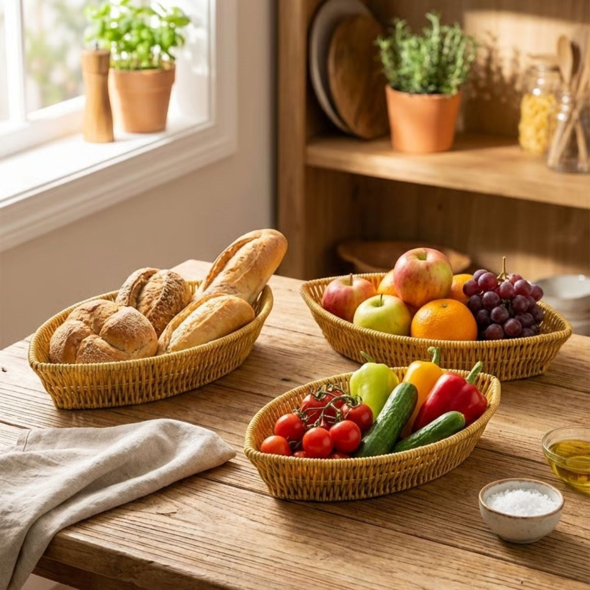 ANKAVERSE® 3 lü Kayık Formlu Plastik Rattan Sepet Seti-Hasır Görünümlü Ekmek, Meyve ve Sunum Sepetleri, Çok Amaçlı Masaüstü Organizer