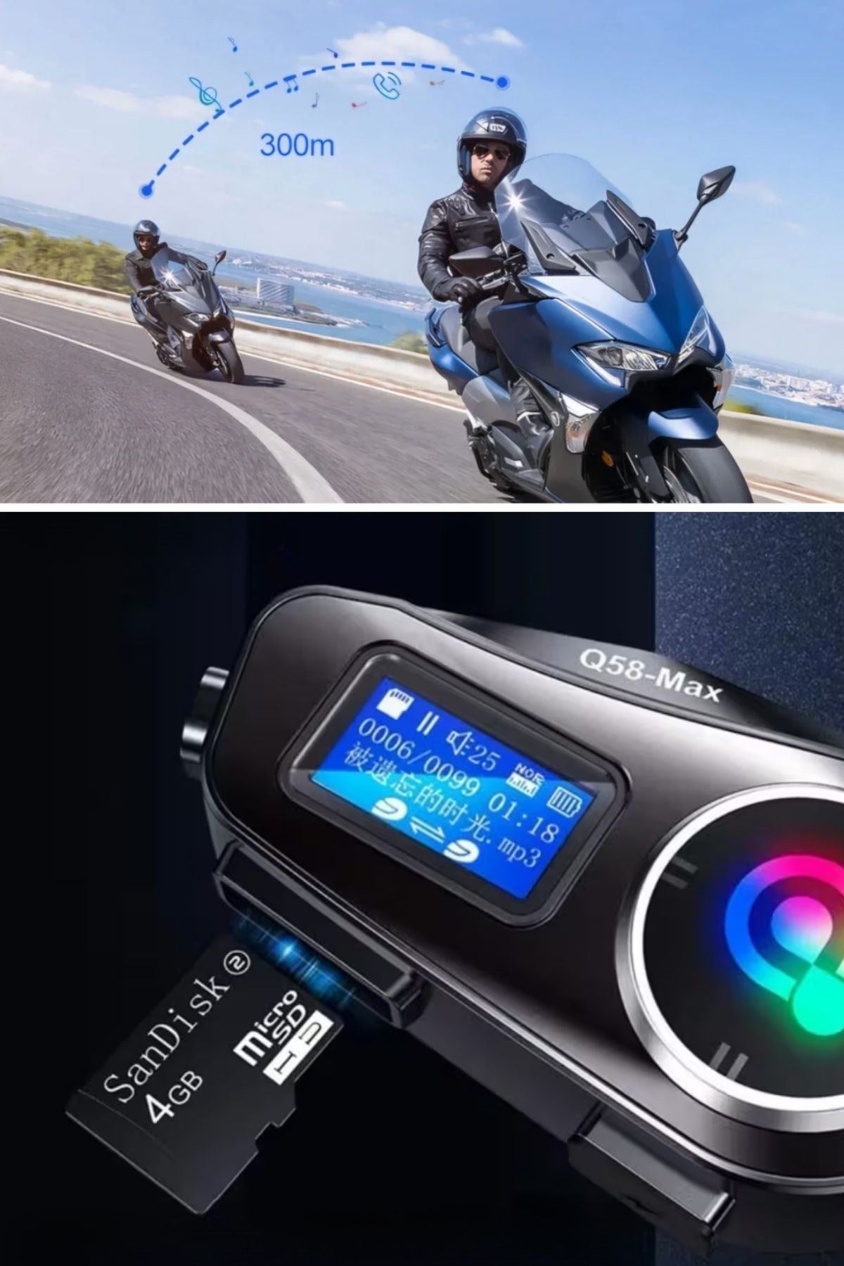 ANKAVERSE® Q58 Motorsikletler İçin Fener Özellikli SD Kart Bölümlü LCD Ekranlı Kablosuz Bluetooth Kulaklıklı – Suya Dayanıklı Kask Kulaklığı
