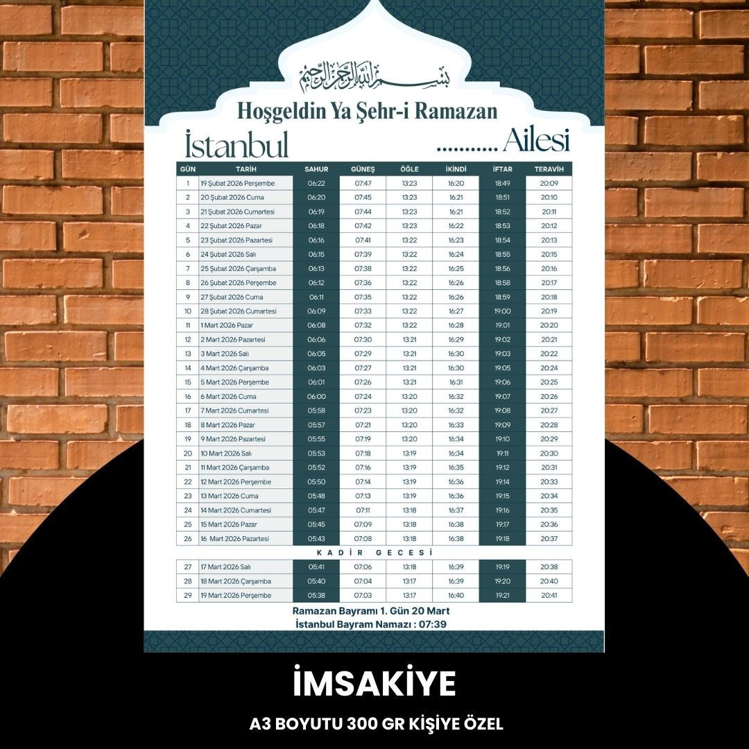 Ramazan İmsakiyesi - 300 Gr - A3 Boyut Kişiye Özel İsimli & Logolu 1 Adet Yeşil