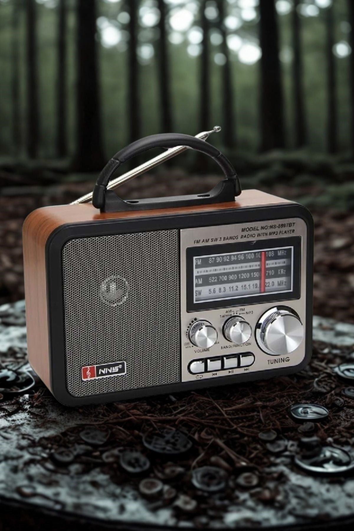 ANKAVERSE® Orta Boy Retro, Nostaljik, Ahşap Tasarım Bluetooth Hoparlörlü, Şarjlı, Taşınabilir FM/AM Destekli Radyo NS-8897
