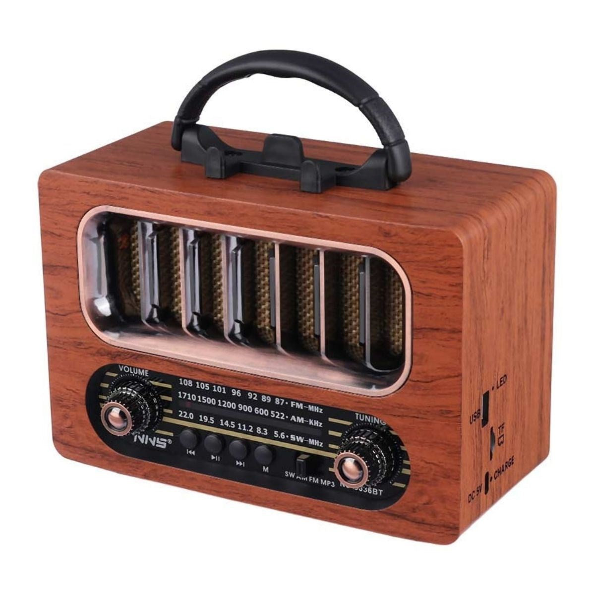 ANKAVERSE® Orta Boy Retro Ahşap Tasarım Bluetooth Hoparlörlü Radyo - FM/AM Destekli, Şarjlı ve Taşınabiliri Radyo NS-6636