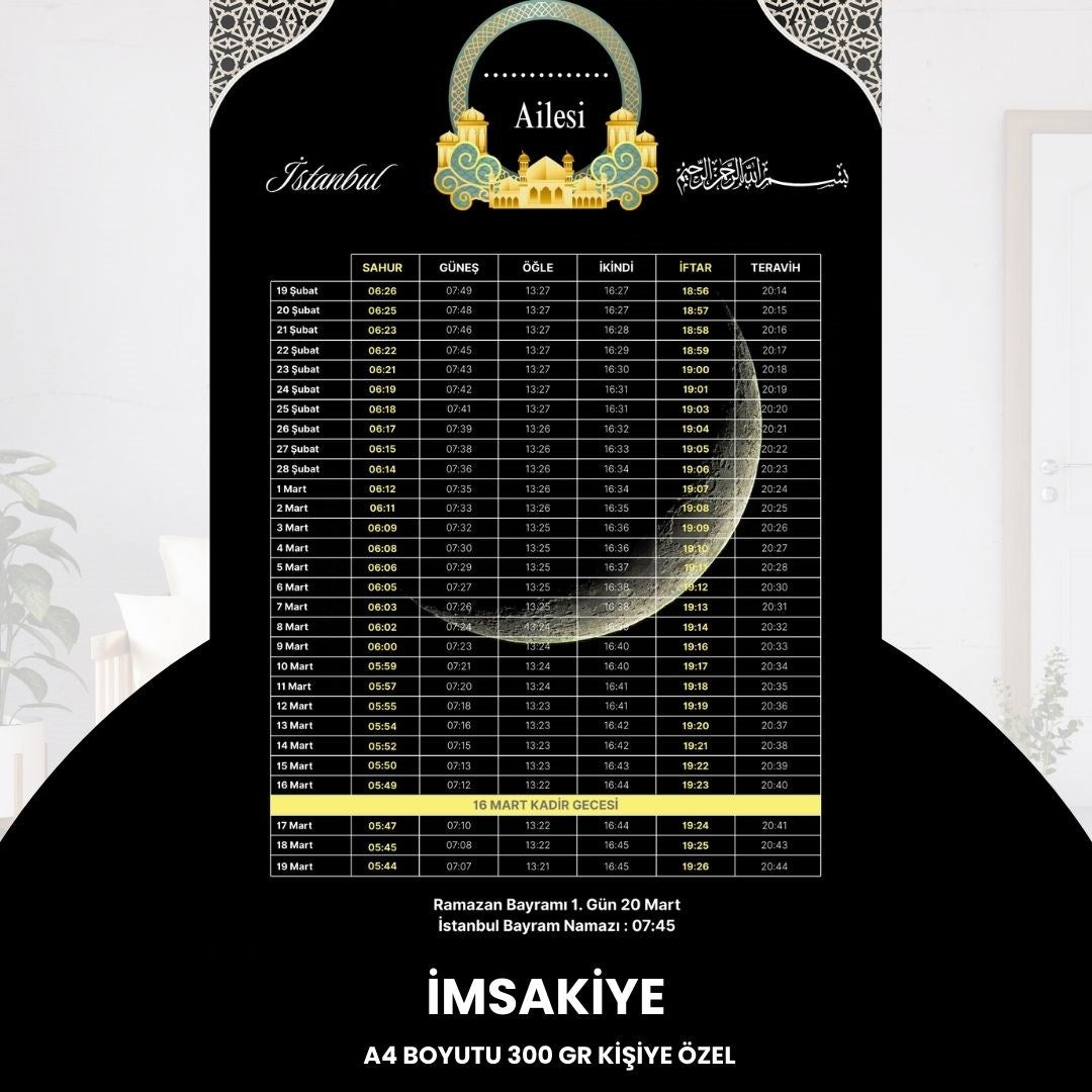 Ramazan İmsakiyesi - 300 Gr - A4 Boyut Kişiye Özel İsimli & Logolu 10 Adet Siyah-sarı