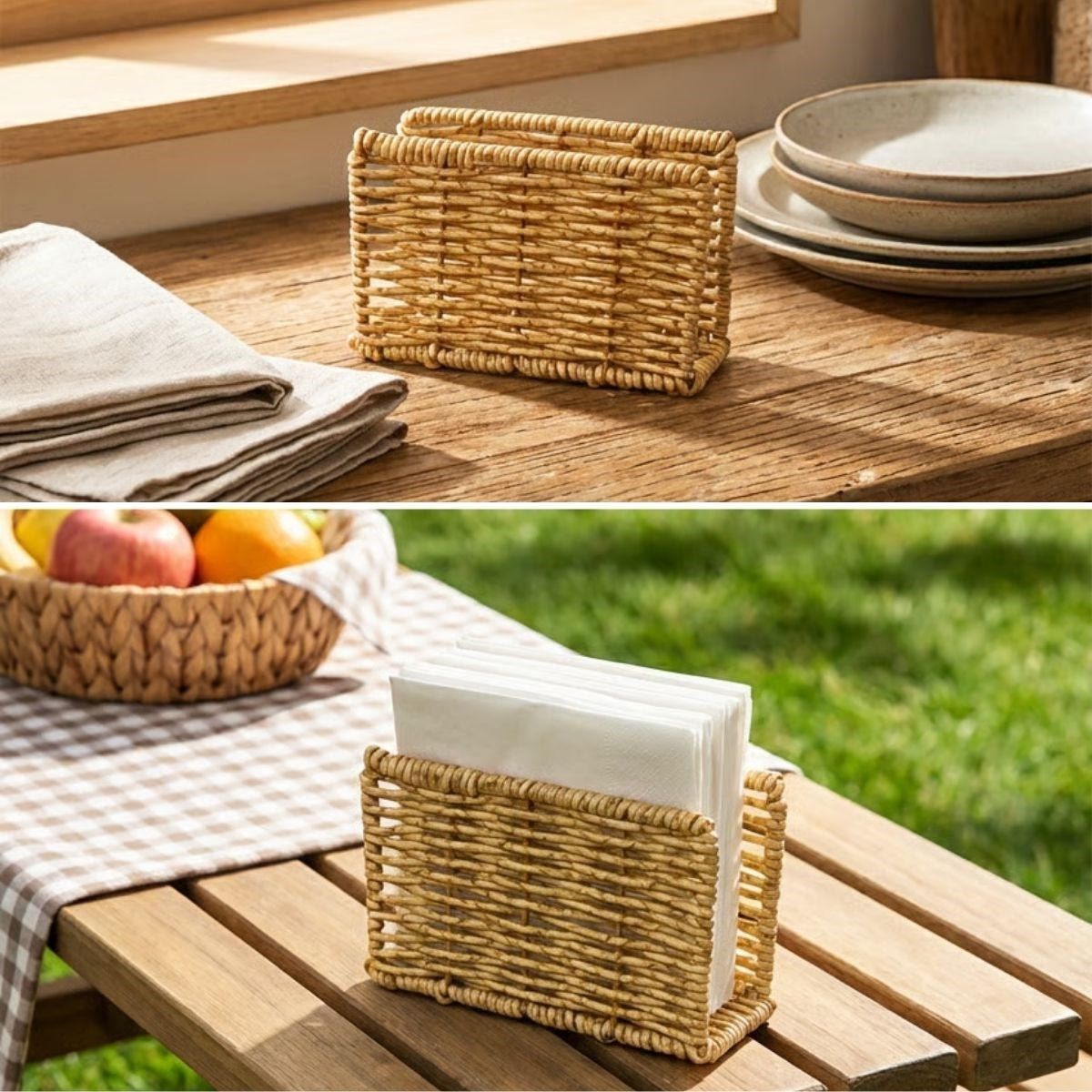 ANKAVERSE® Dekoratif Plastik Rattan Dikdörtgen Peçetelik–Doğal Hasır Dokulu Masaüstü Peçete Standı