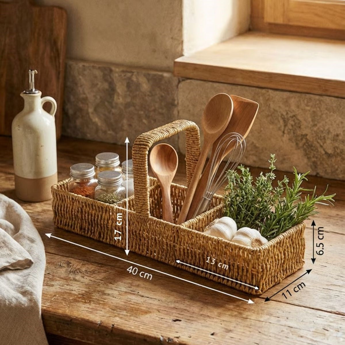 ANKAVERSE® 3 Bölmeli Plastik Rattan Düzenleyici–Saplı Masaüstü Organizer, Mutfak Kaşık Çatal Sepeti, Banyo & Ofis Çok Amaçlı Sunum Standı