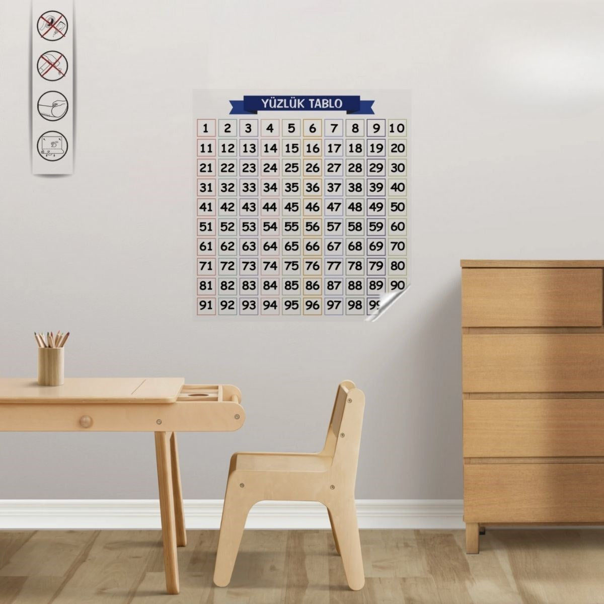 ANKAVERSE® Matematik Öğreten Yüzlük Tablo Duvarda İz Bırakmaz Akıllı Kağıt Yapışkansız Statik  60x60 cm