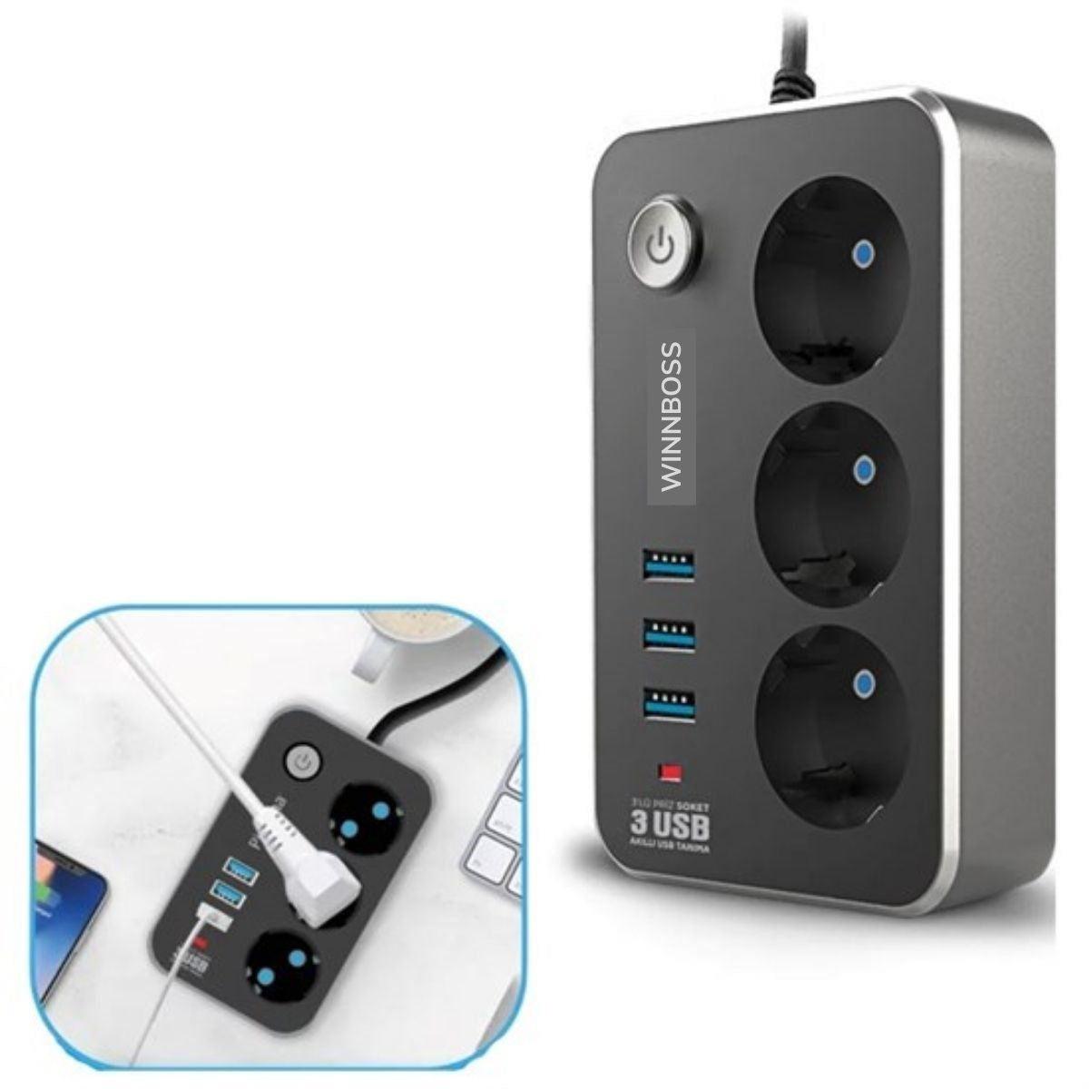 ANKAVERSE® Isıya Dayanıklı 2m Akım Korumalı Uzatma Kablosu - 3 Priz + 3 USB (10A/2500W, 21A USB)