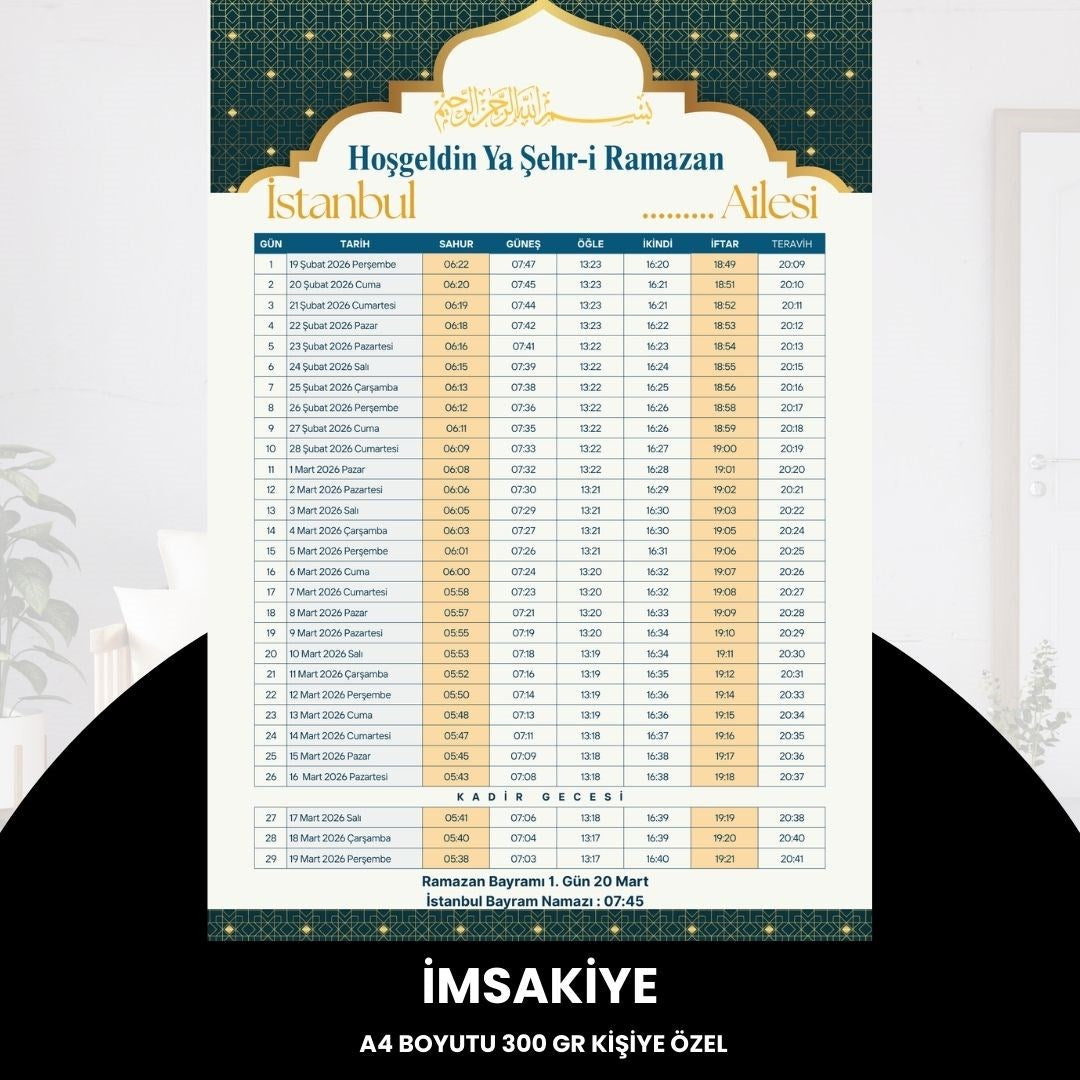 Ramazan İmsakiyesi - 300 Gr - A4 Boyut Kişiye Özel İsimli & Logolu 1 Adet Sarı