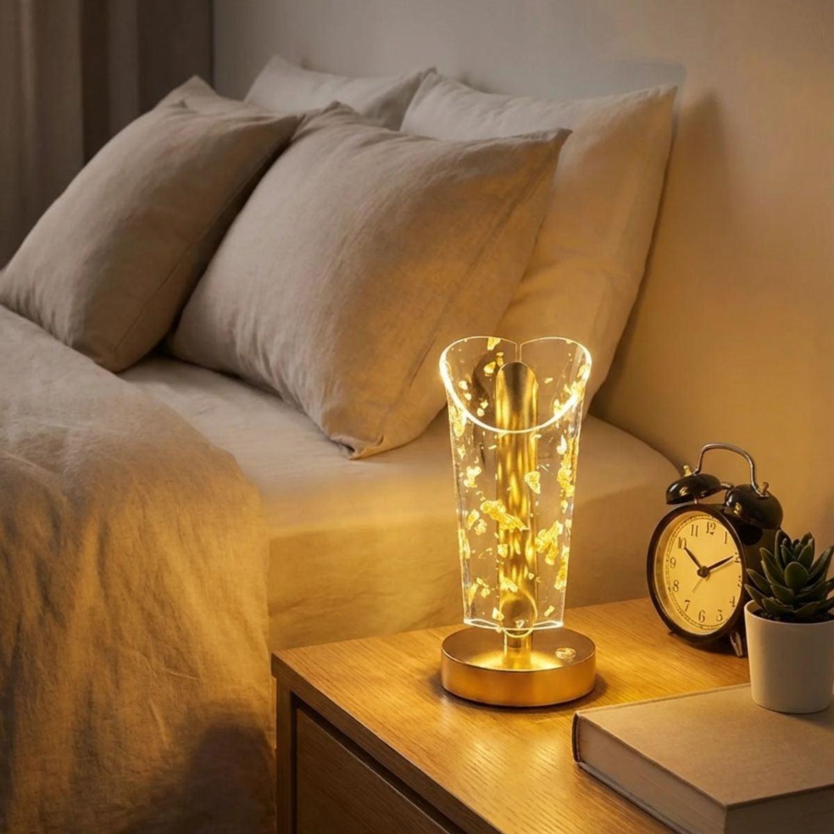 Açık Silindirik Kristal Altın Toz Model LED Masa Lambası – Gold Tabanlı, Dokunmatik, 3 Renk Işık Modlu, Şarjlı Modern Dekoratif Gece Lambası (5286)