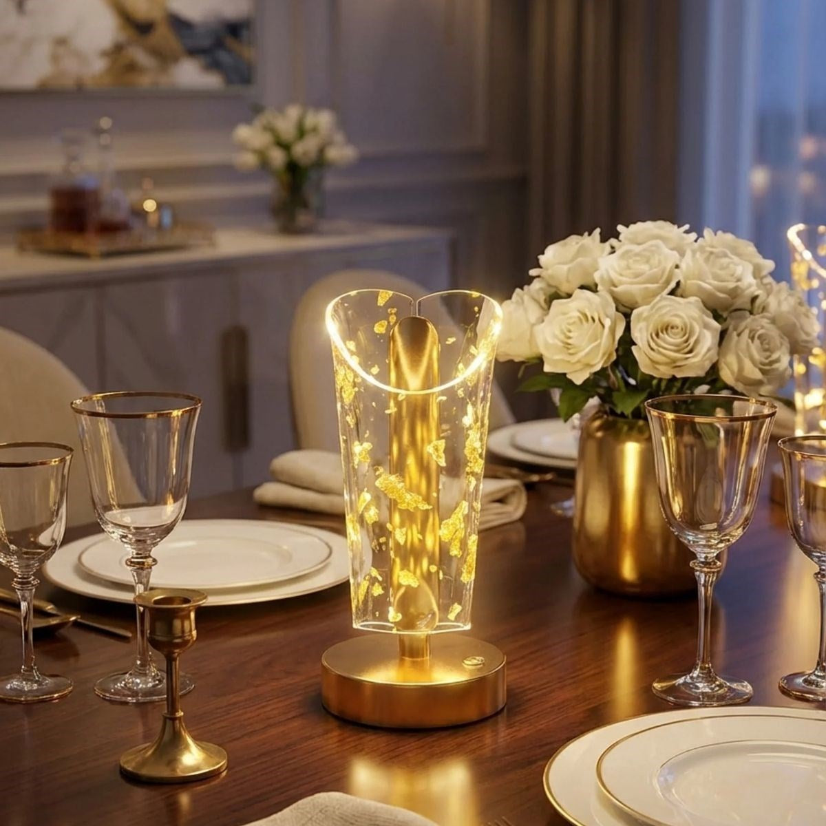 Açık Silindirik Kristal Altın Toz Model LED Masa Lambası – Gold Tabanlı, Dokunmatik, 3 Renk Işık Modlu, Şarjlı Modern Dekoratif Gece Lambası (5286)