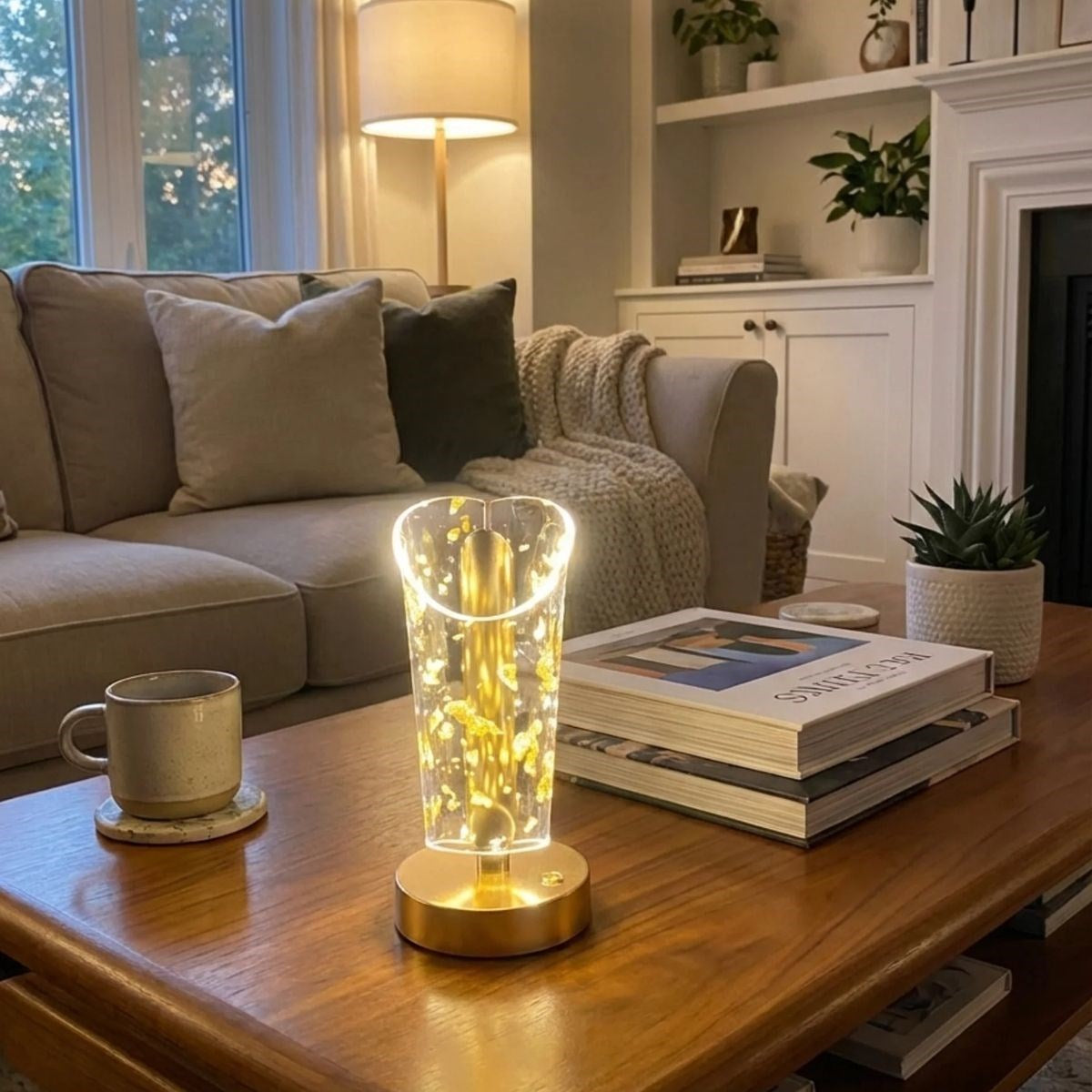 Açık Silindirik Kristal Altın Toz Model LED Masa Lambası – Gold Tabanlı, Dokunmatik, 3 Renk Işık Modlu, Şarjlı Modern Dekoratif Gece Lambası (5286)