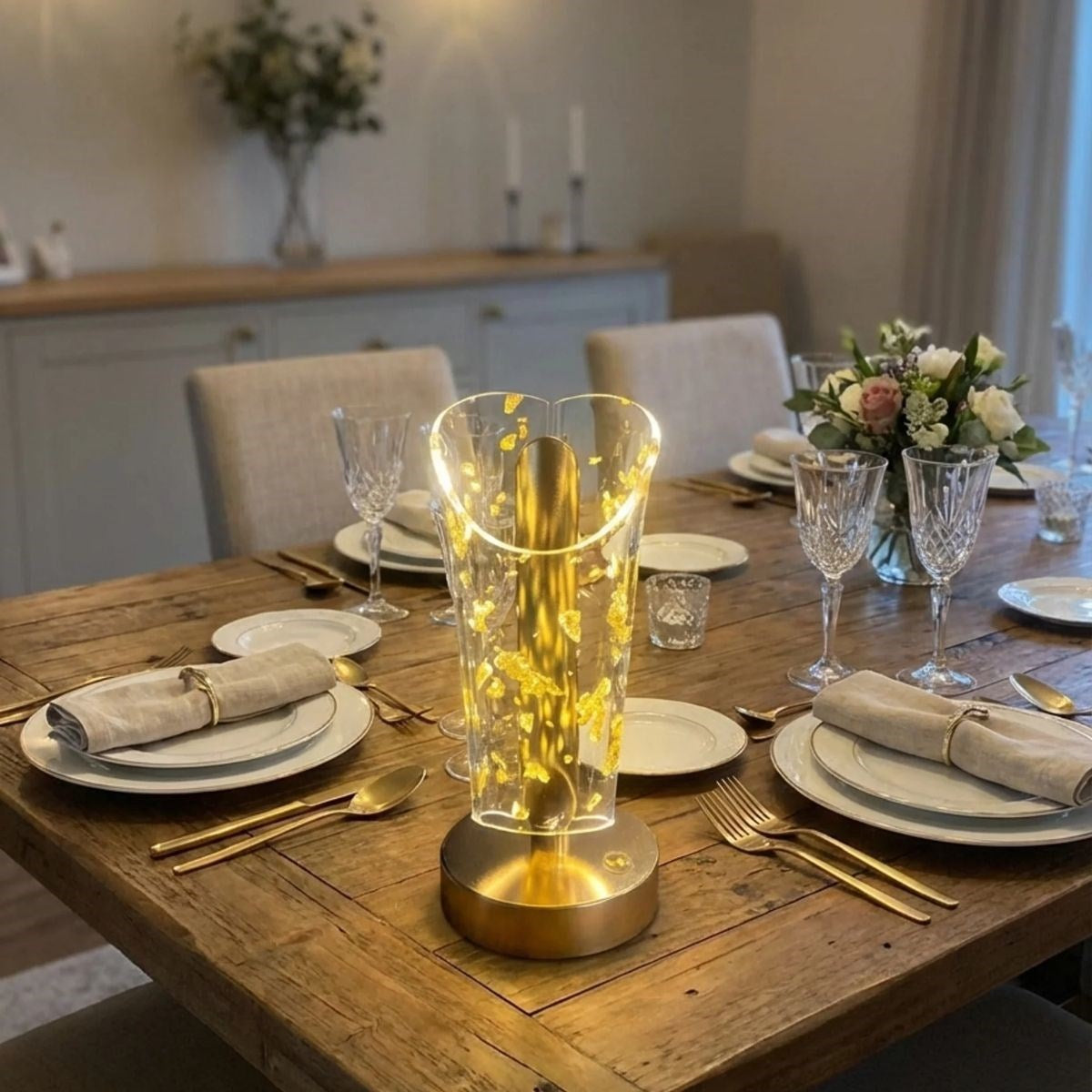 Açık Silindirik Kristal Altın Toz Model LED Masa Lambası – Gold Tabanlı, Dokunmatik, 3 Renk Işık Modlu, Şarjlı Modern Dekoratif Gece Lambası (5286)