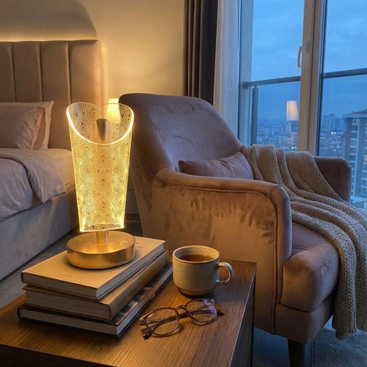 Açık Silindirik Kristal Damla Model LED Masa Lambası – Gold Tabanlı, Dokunmatik, 3 Renk Işık Modlu, Şarjlı Modern Dekoratif Gece Lambası (5286)