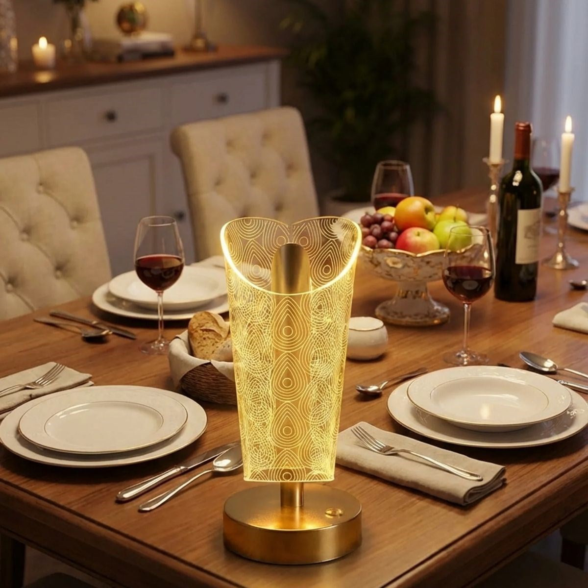 Açık Silindirik Kristal Damla Model LED Masa Lambası – Gold Tabanlı, Dokunmatik, 3 Renk Işık Modlu, Şarjlı Modern Dekoratif Gece Lambası (5286)