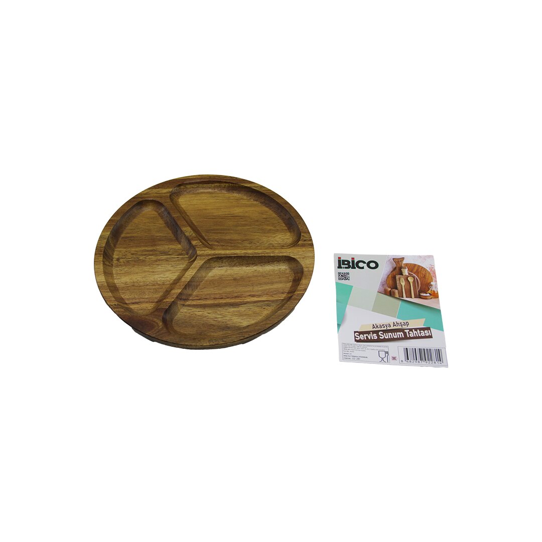 AKASYA YUVARLAK 3 BÖLMELİ AHŞAP SERVİS SUNUM TEPSİ - TAHTASI 20 X 1.4CM (5286)