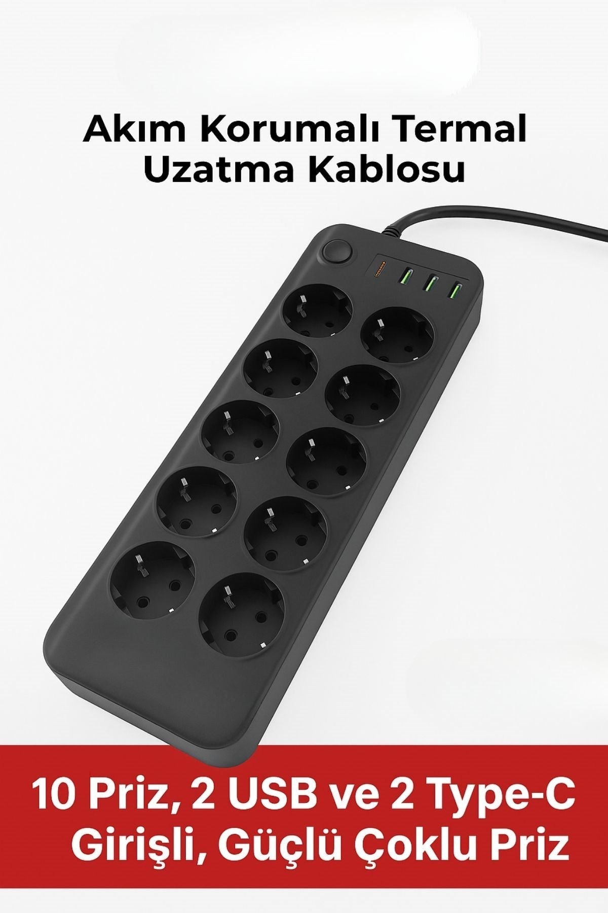 Akım Korumalı Termal Uzatma Kablosu – 10 Priz, 2 USB ve 2 Type-C Girişli, Güçlü Çoklu Priz (5286)