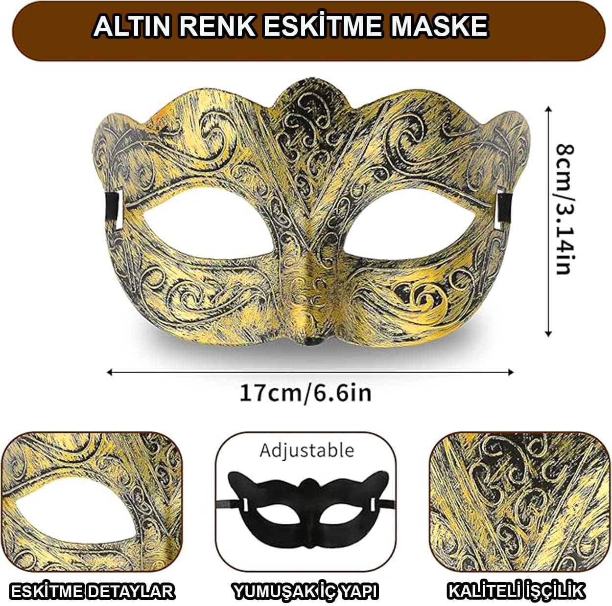 Altın Renk Eskitme Maskeli Balo Maskesi – Venedik Tarzı Parti Maskesi (5286)
