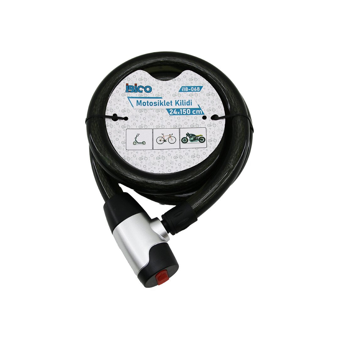 ANAHTARLI AÇ-KAPA KİLİT KAPAKLI MOTOR - BİSİKLET KİLİT ÇELİK TEL SİYAH ŞEFFAF KILIF 24MMX150CM (5286)