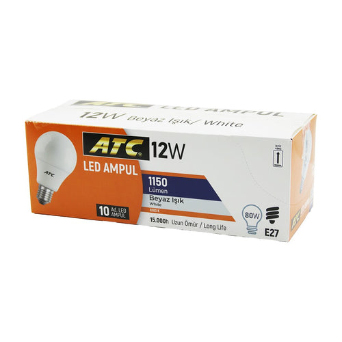 10 ADET ATC 12W=80W E27 BEYAZ=6500K LED AMPUL LAMBA 1150 LÜMEN 15.000 SAAT ÖMÜR (5286)