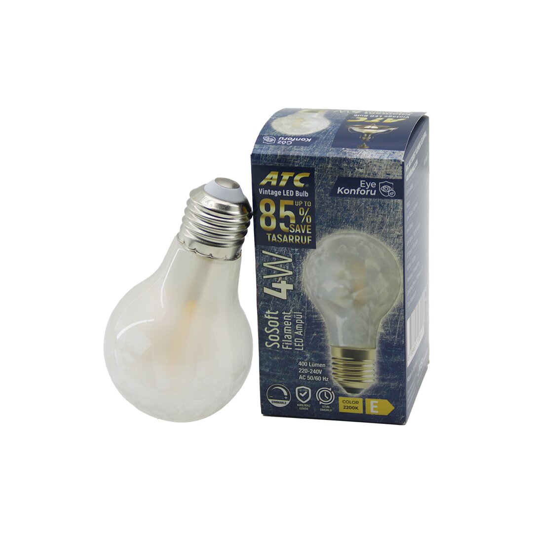 ATC-A60-SS VİNTAGE SOSOFT FİLAMENT 4W LED AMPUL LAMBA E27 KIRILMAZ PLASTİK CAM 400 LÜMEN 2200K 25.000 SAAT (5286)