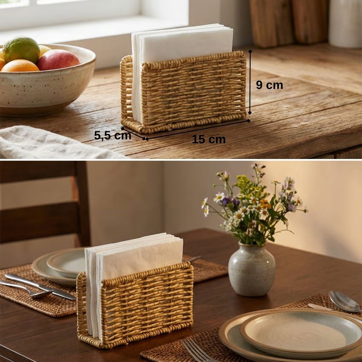 ANKAVERSE® Dekoratif Plastik Rattan Dikdörtgen Peçetelik–Doğal Hasır Dokulu Masaüstü Peçete Standı