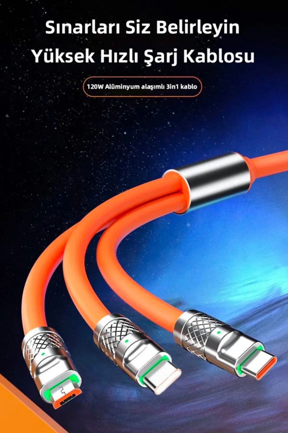 ANKAVERSE® 3 in 1 Type-C + Micro Usb + Lightning Hızlı Şarj Kablosu Silikon Kablo 1 Metre Opp Ambalaj