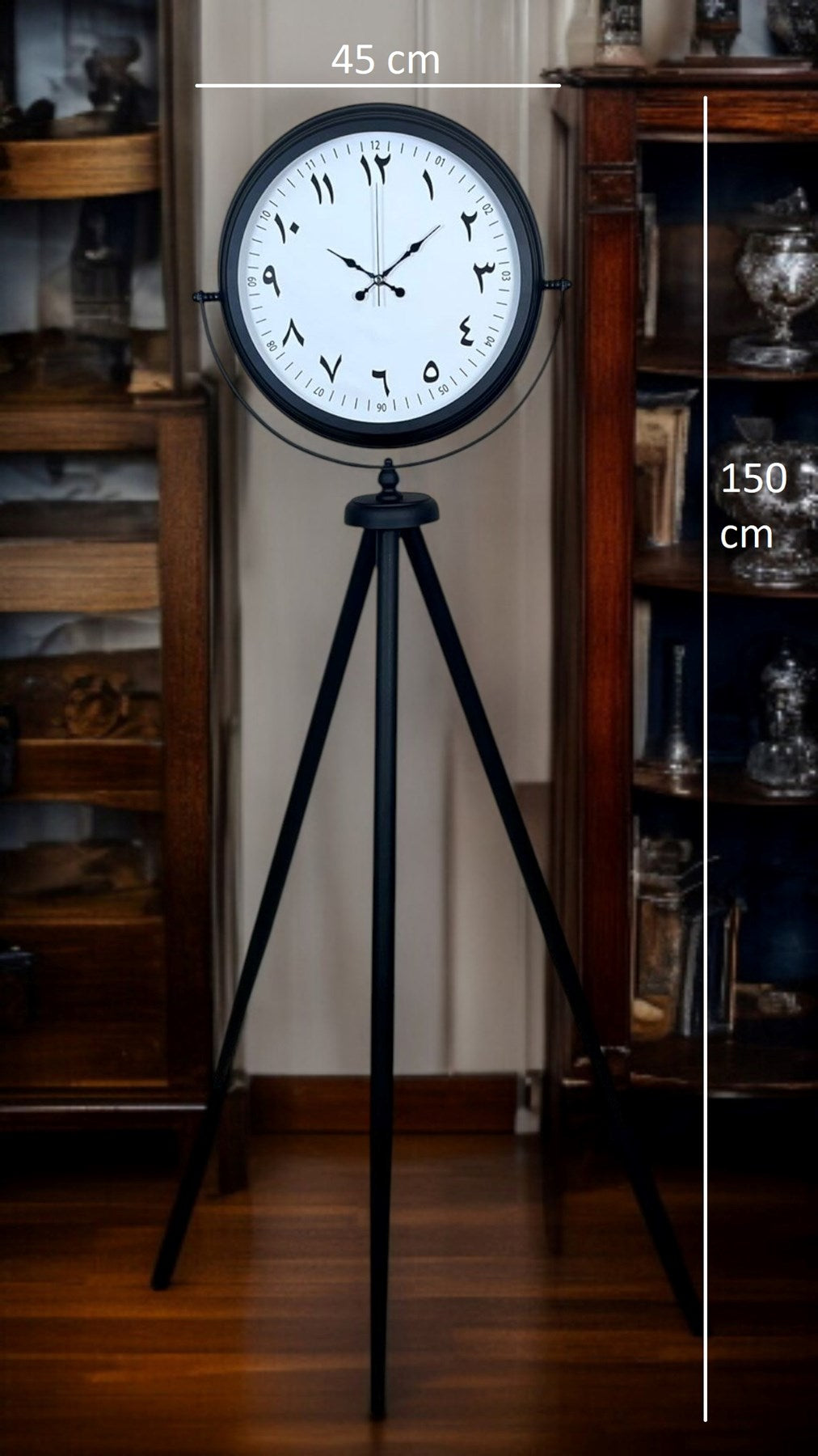 Siyah Arap Rakamlı Sıradışı Tasarım Tripod Ayaklı Saat