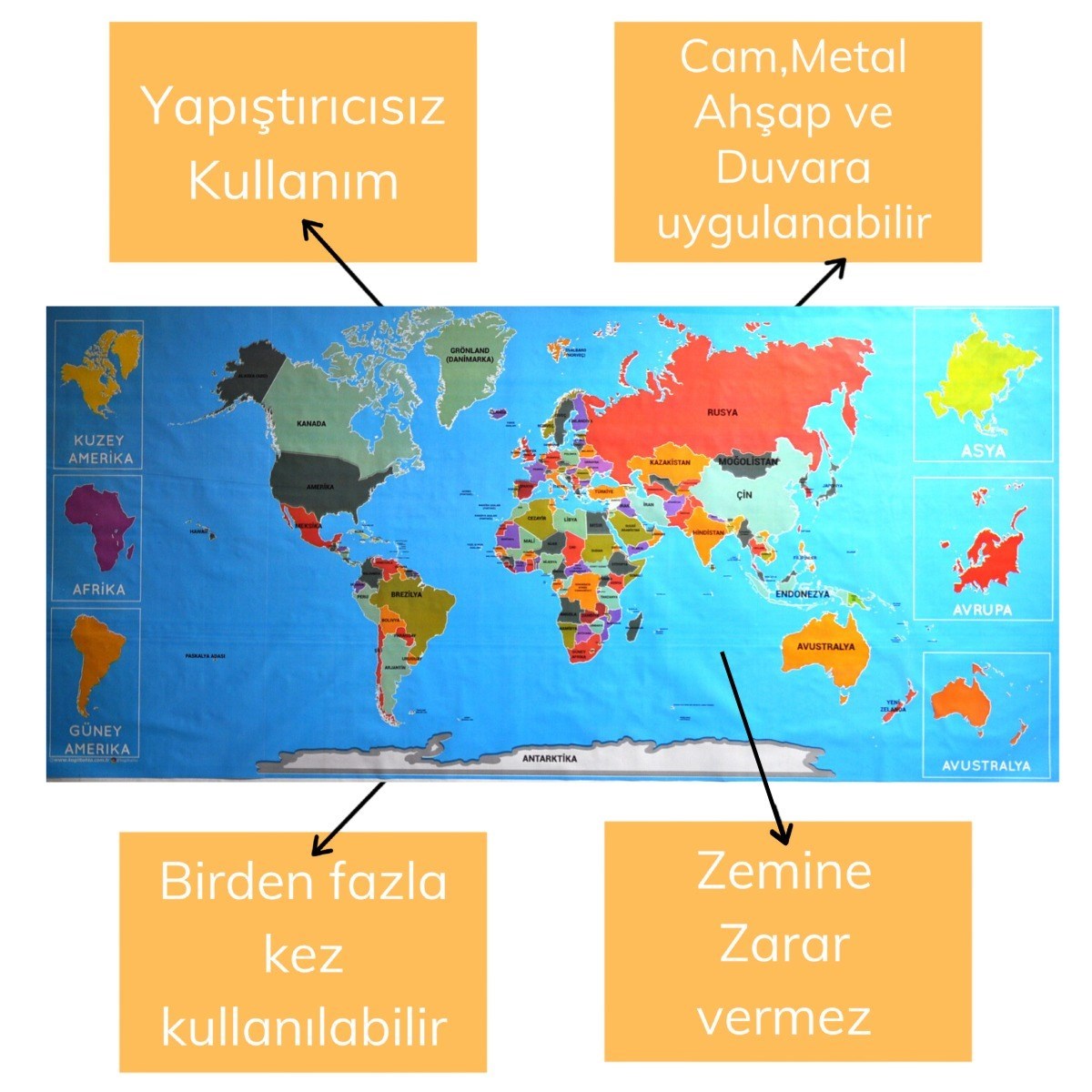 ANKAVERSE® Manyetik Renkli Dünya Haritası Duvar Stickerı - 118x56 cm