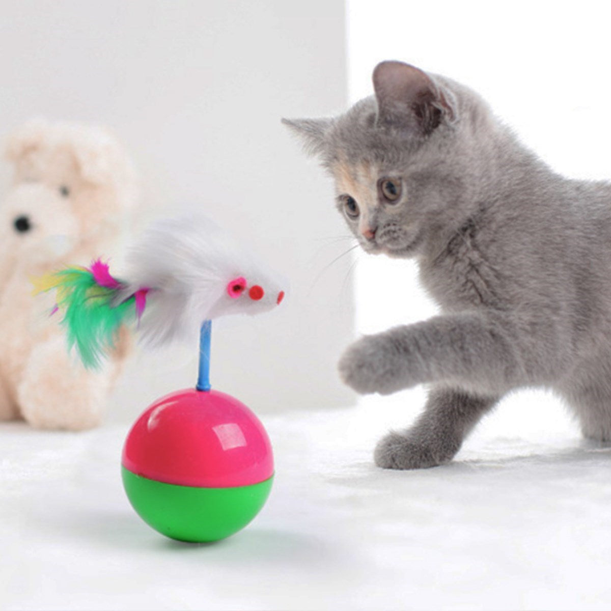 ANKAVERSE® Tüylü Fareli Hacı Yatmaz Kedi Oyuncağı