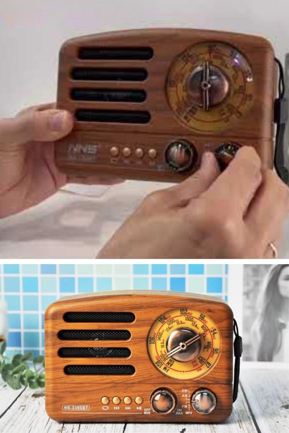 ANKAVERSE® Küçük Boy Retro, Nostaljik, Ahşap Tasarım Bluetooth Hoparlörlü, Şarjlı, Taşınabilir Büyük Döndürülebilen Düğmeli FM/AM Destekli Radyo NS338