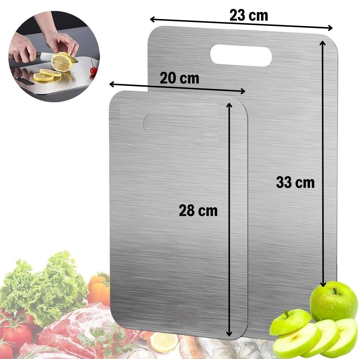 ANKAVERSE® 2 Boy Paslanmaz Çelik Leke Tutmaz,Kırılmaz,Antibakteriyel,Elde ve Bulaşık Makinesinde Yıkanabilen Meyve,Sebze,Et,Tavuk Kesim Panosu