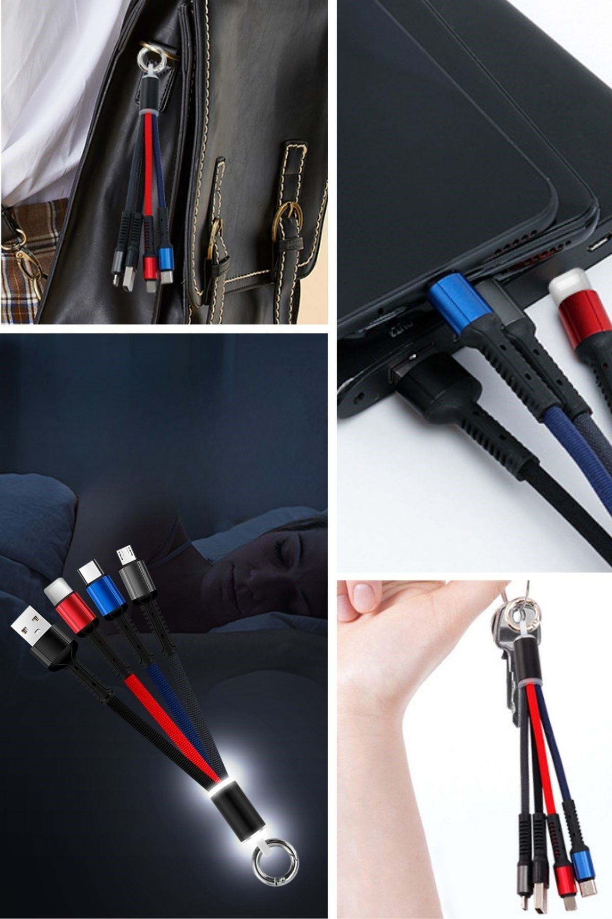 ANKAVERSE® Işıklı 3'ü 1 Arada Anahtarlık Şarj Kablosu - Micro, Type-C & Lightning Uyumlu