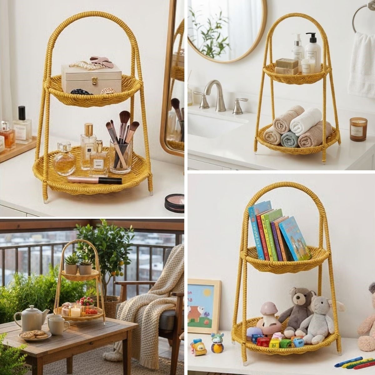 ANKAVERSE® Plastik Rattan İki Katlı Sunumluk–Dekoratif Organizer, Mutfak Meyve,Sebze Sepeti, Banyo Düzenleyici Raf,Masaüstü Çok Amaçlı Sunum Standı