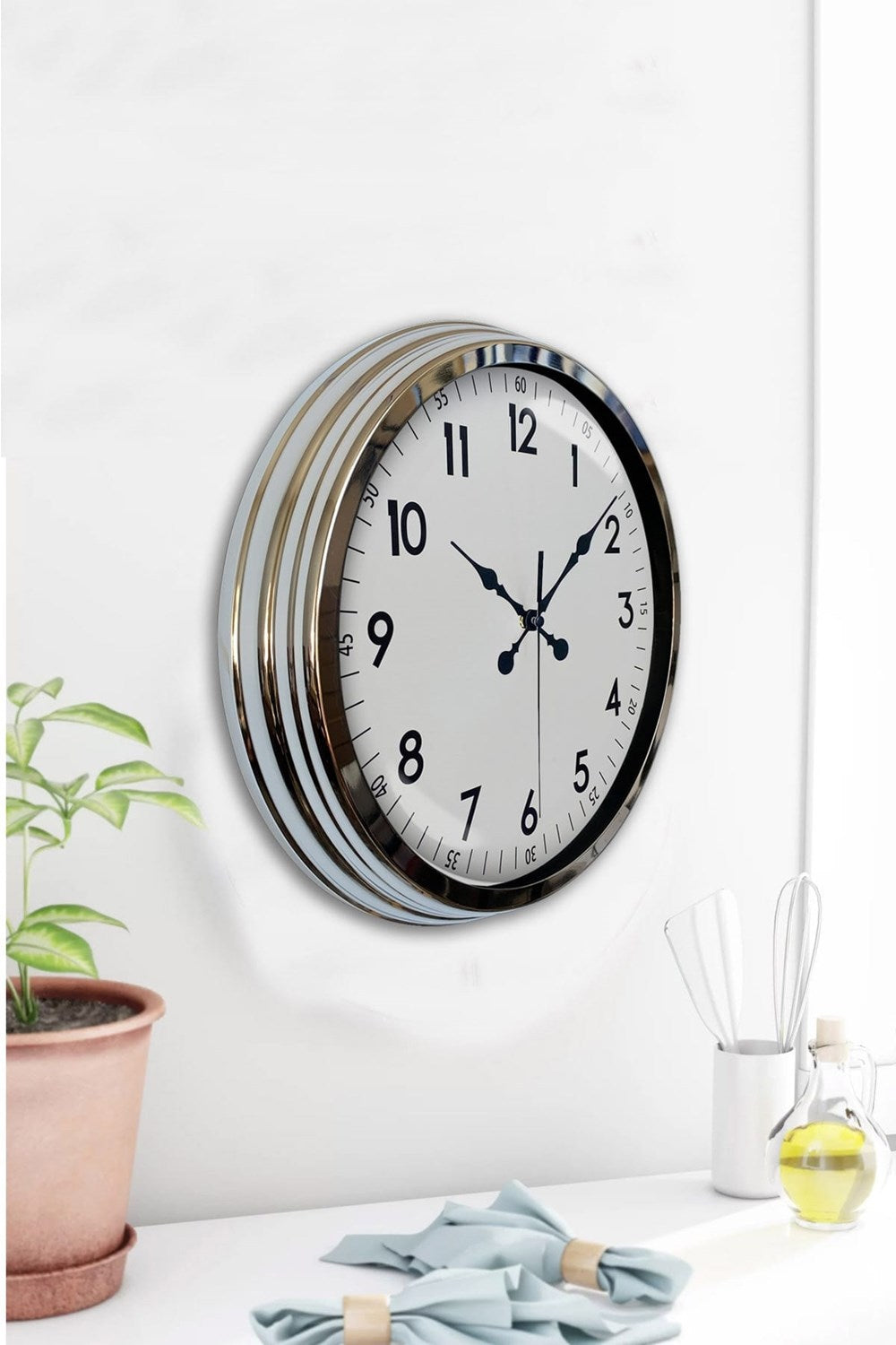 Zentime Modern Klasik 40 Cm Krom Metal Duvar Saati