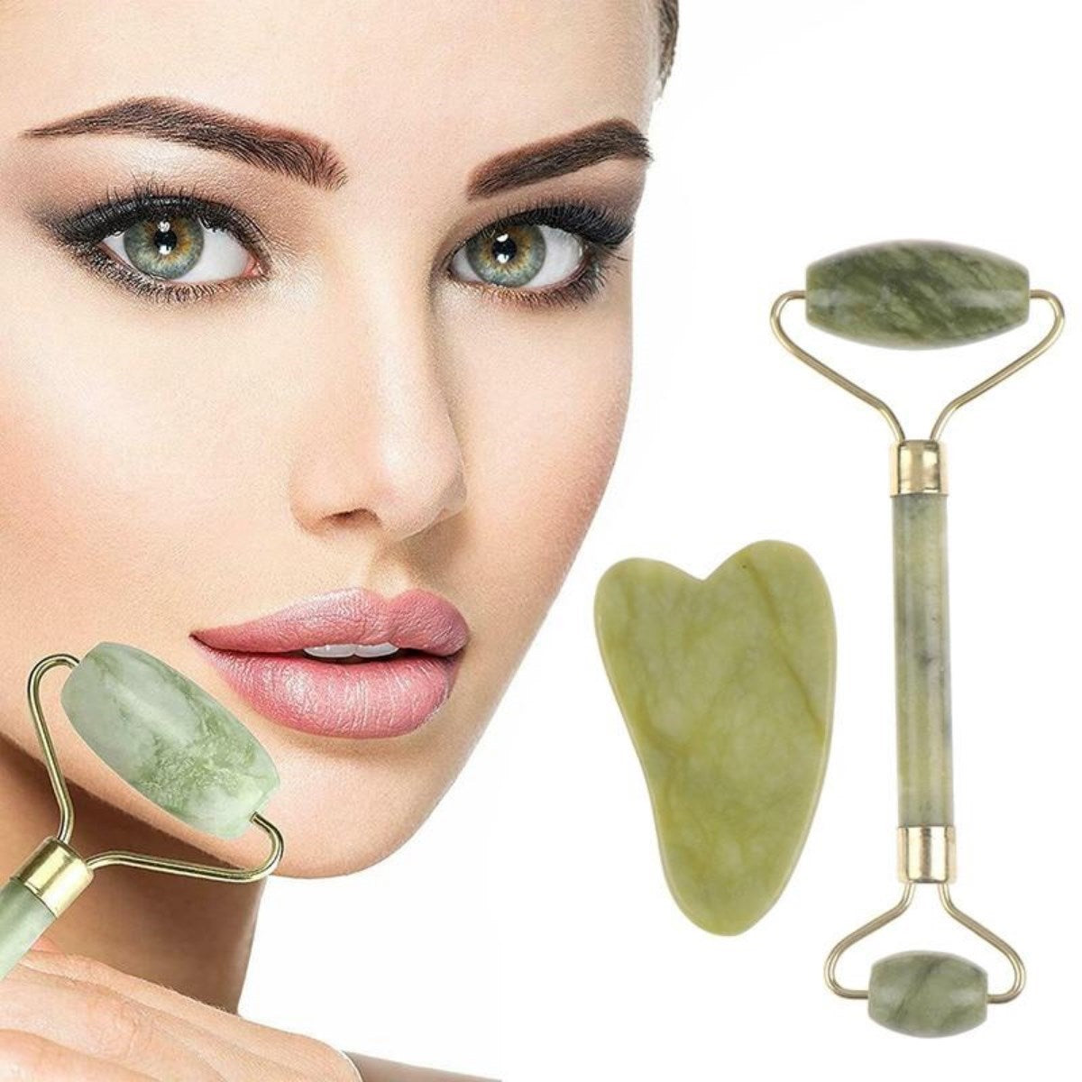 ANKAVERSE® Çift Taraflı Yeşim Taşı Jade Roller Seti