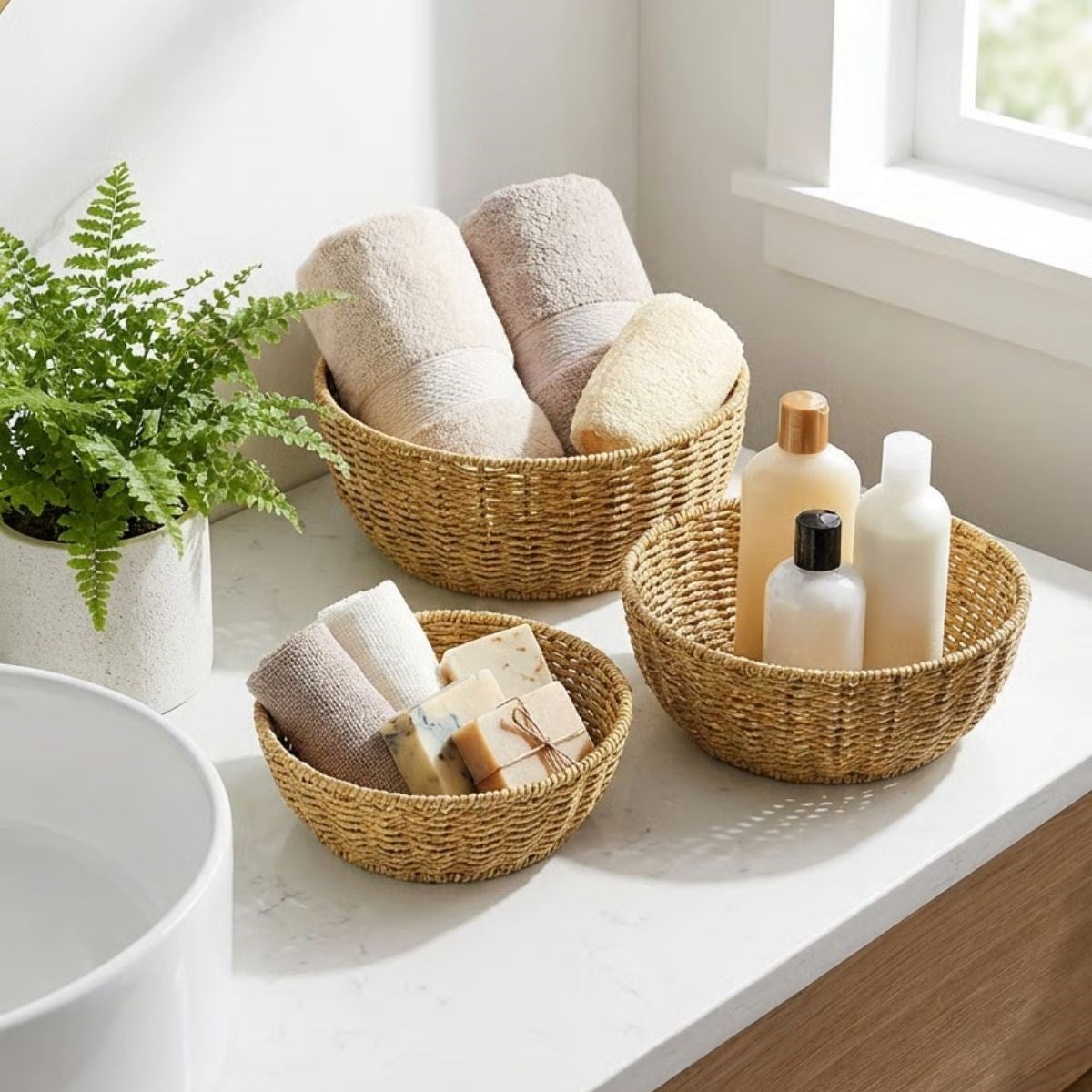 ANKAVERSE® 3 lü Plastik Rattan Çanak Seti - Hasır Görünümlü İç İçe Geçebilen Sunum ve Düzenleme Kaseleri, Mutfak & Masaüstü Çok Amaçlı Organizer