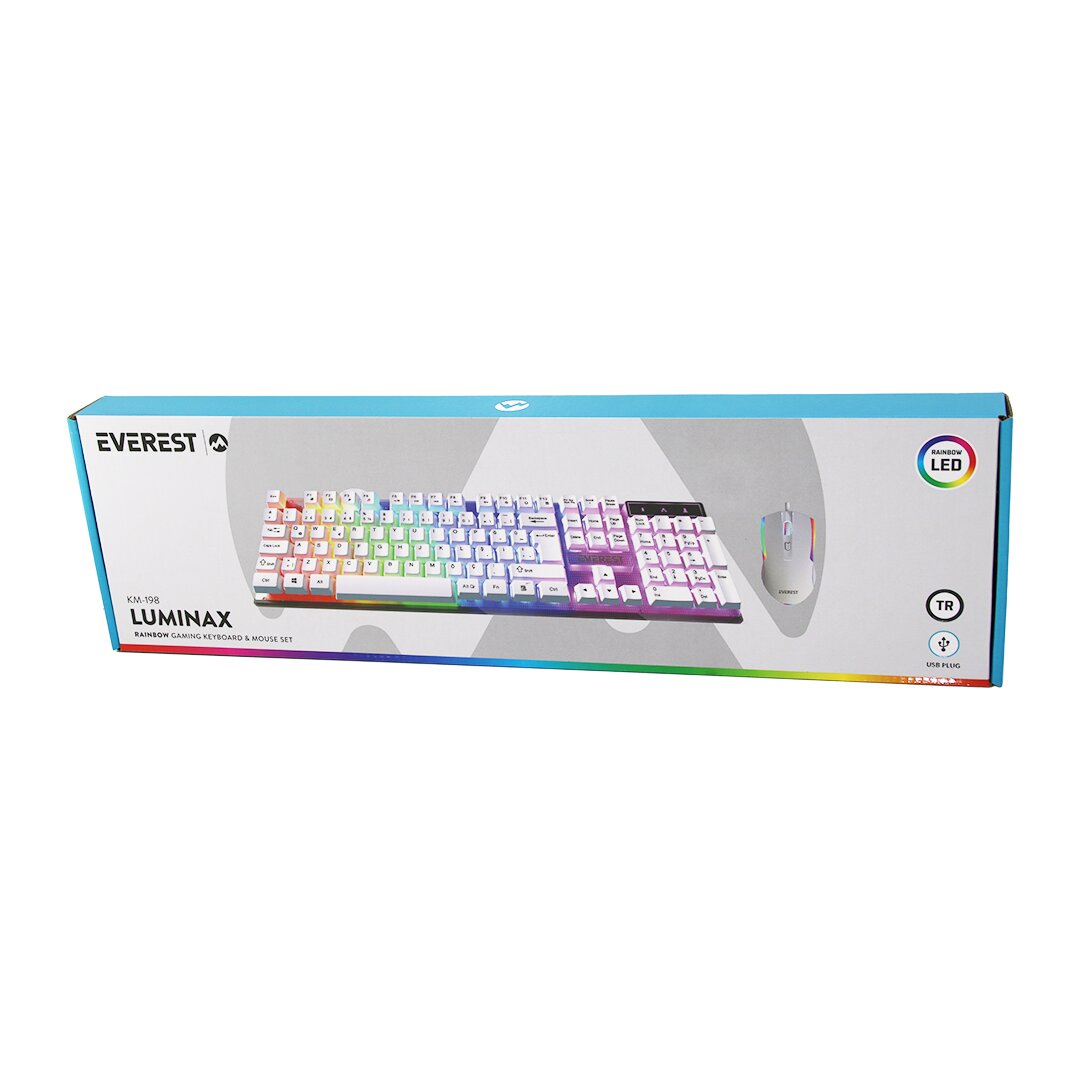 BEYAZ GÖKKUŞAĞI IŞIKLI USB KABLOLU OYUNCU KLAVYE - MOUSE SET (5286)