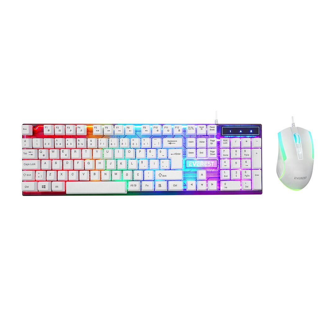 BEYAZ GÖKKUŞAĞI IŞIKLI USB KABLOLU OYUNCU KLAVYE - MOUSE SET (5286)