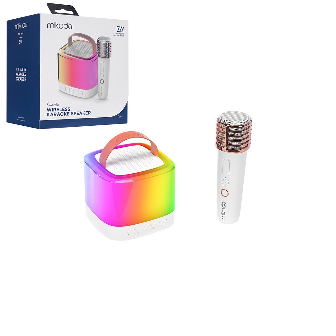 BEYAZ KARAOKE MİKROFONLU WİRELESS HOPARLÖR - SPEAKER IŞIKLI USB ŞARJLI BT - TF CARD - AUX 5W (5286)