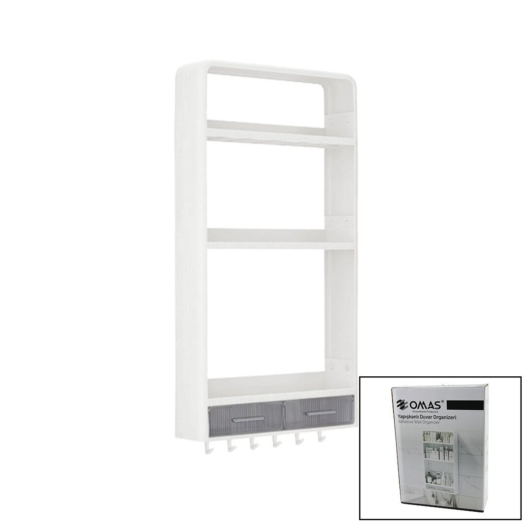 BEYAZ YAPIŞKANLI DUVAR ORGANİZERİ PLASTİK 3 RAF=14CM-19CM-30CM - 2 ÇEKMECE=40CM - 6 ASKI 19 PARÇA (5286)