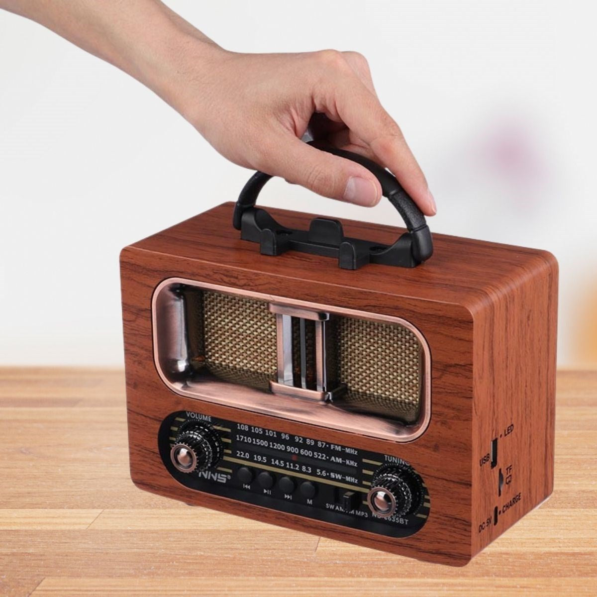 Büyük Boy Retro, Nostaljik, Ahşap Tasarım Bluetooth Hoparlörlü, Şarjlı, Taşınabilir FM/AM Destekli Radyo NS-6635 (5286)