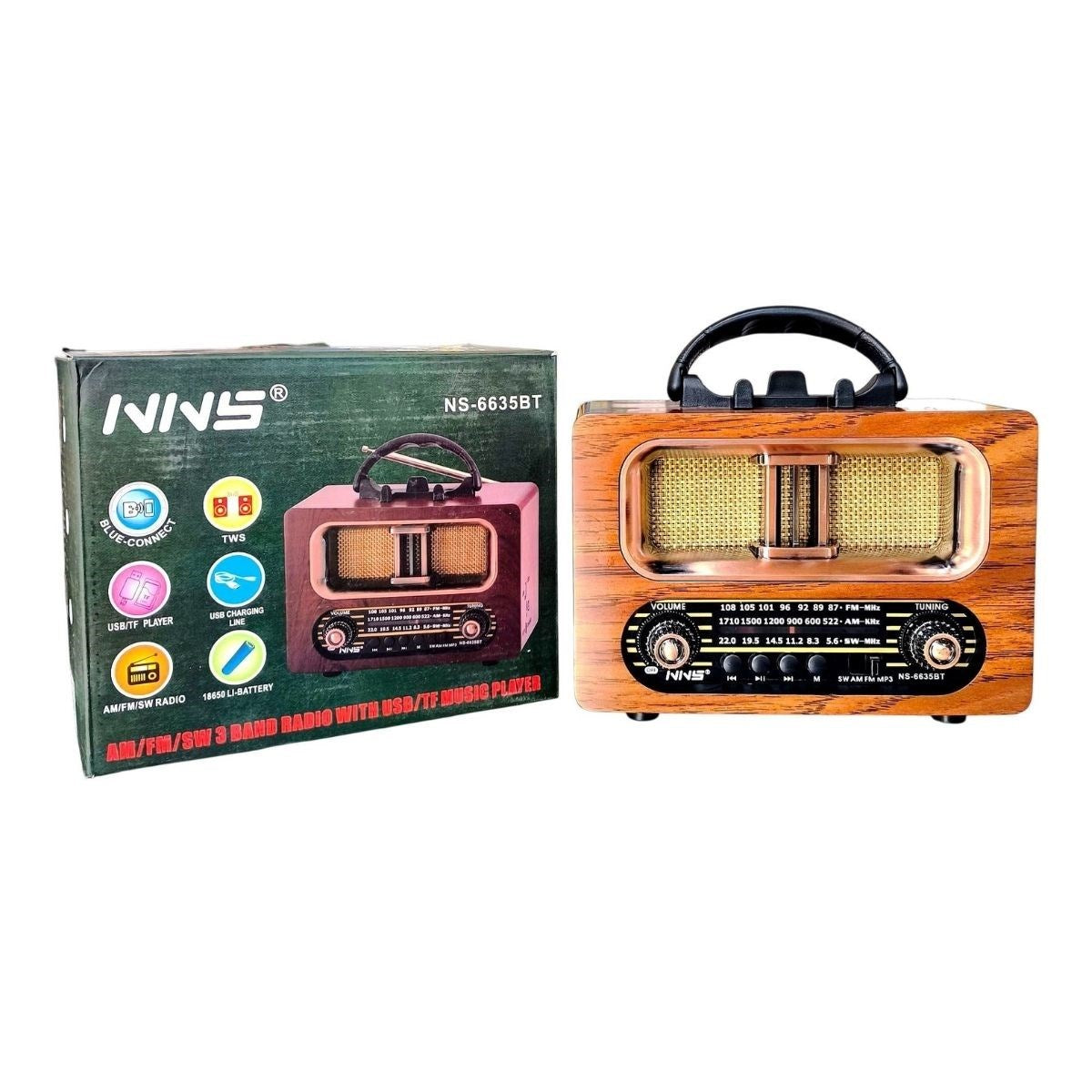 Büyük Boy Retro, Nostaljik, Ahşap Tasarım Bluetooth Hoparlörlü, Şarjlı, Taşınabilir FM/AM Destekli Radyo NS-6635 (5286)