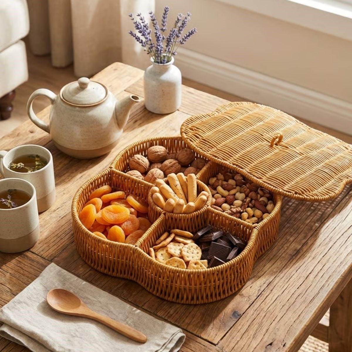 ANKAVERSE® Kapaklı 5 Bölmeli Plastik Rattan Organizer Kutu – Hasır Desenli Çok Amaçlı Saklama ve Sunum Sepeti Çerezlik
