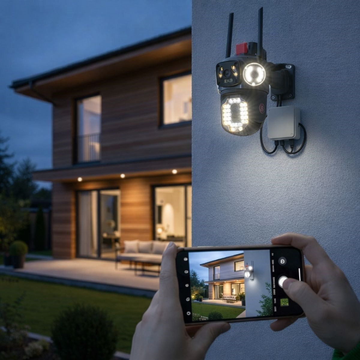 ANKAVERSE® Kablolu Akıllı Güvenlik Kamerası – 4 Kameralı Çok Lensli, 360° PTZ Hareketli, Çift Antenli, Gece Görüşlü, Dış Mekan IP Kamera