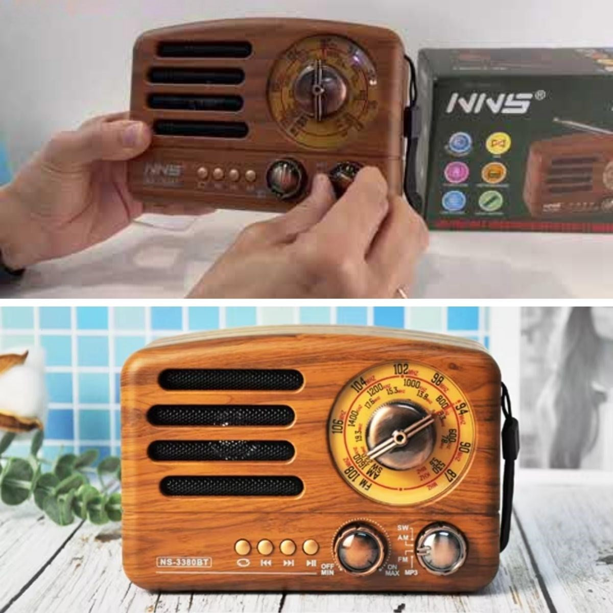 ANKAVERSE® Küçük Boy Retro, Nostaljik, Ahşap Tasarım Bluetooth Hoparlörlü, Şarjlı, Taşınabilir Büyük Döndürülebilen Düğmeli FM/AM Destekli Radyo NS338