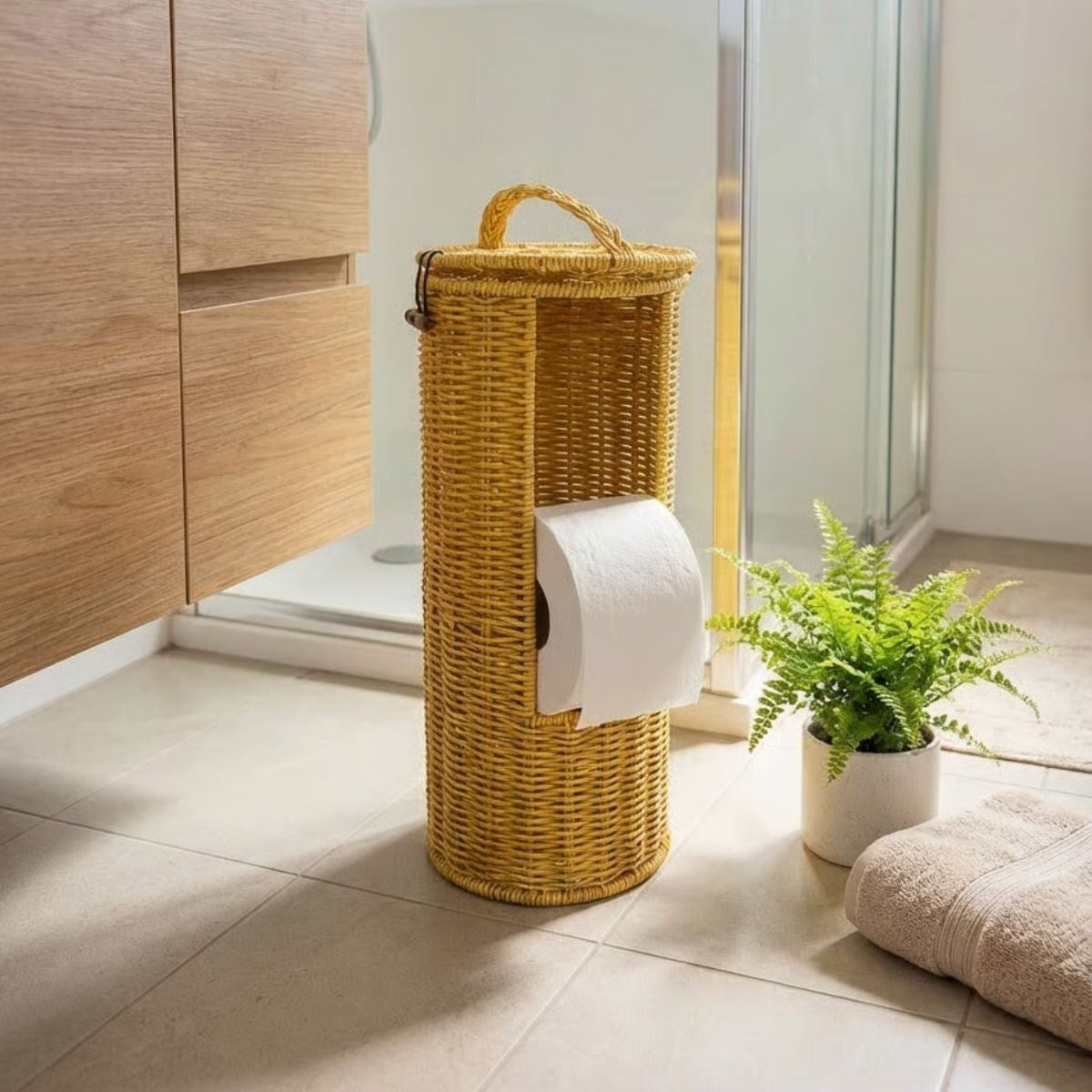 ANKAVERSE® Askılı Plastik Rattan Tuvalet Kâğıdı Standı – Hasır Görünümlü, Kapaklı, Yedekli WC Kâğıtlık, Banyo ve Tuvalet İçin Dekoratif Organizer