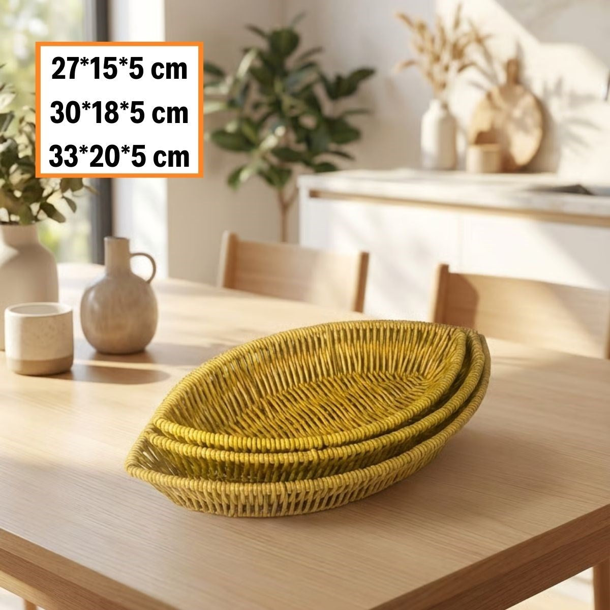 ANKAVERSE® 3 lü Kayık Formlu Plastik Rattan Sepet Seti-Hasır Görünümlü Ekmek, Meyve ve Sunum Sepetleri, Çok Amaçlı Masaüstü Organizer