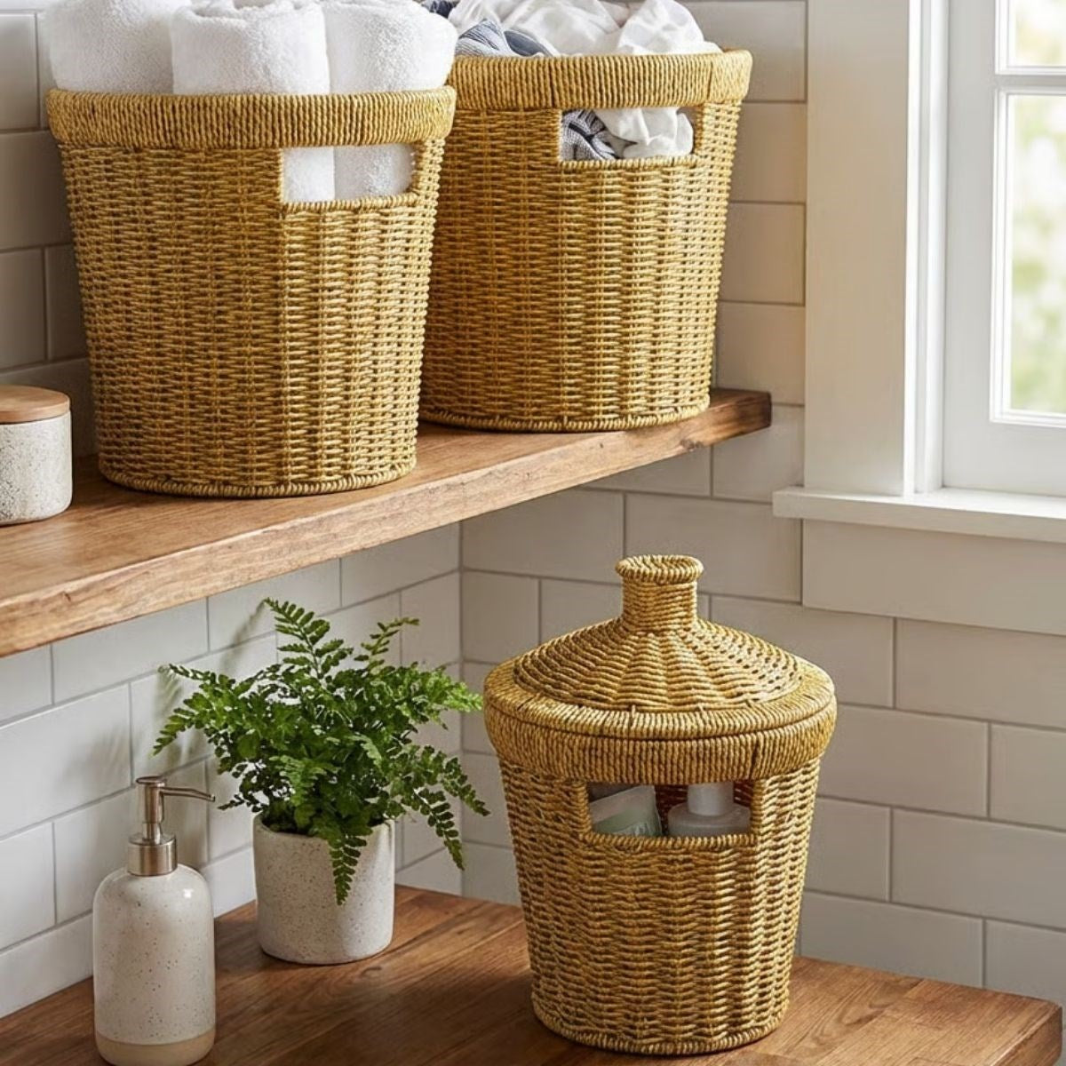 ANKAVERSE® 3’lü İç İçe Geçebilen Büyük Plastik Rattan Hasır Sepet Seti-Dayanıklı Çok Amaçlı Ev,Banyo ve Mutfak Düzenleyici
