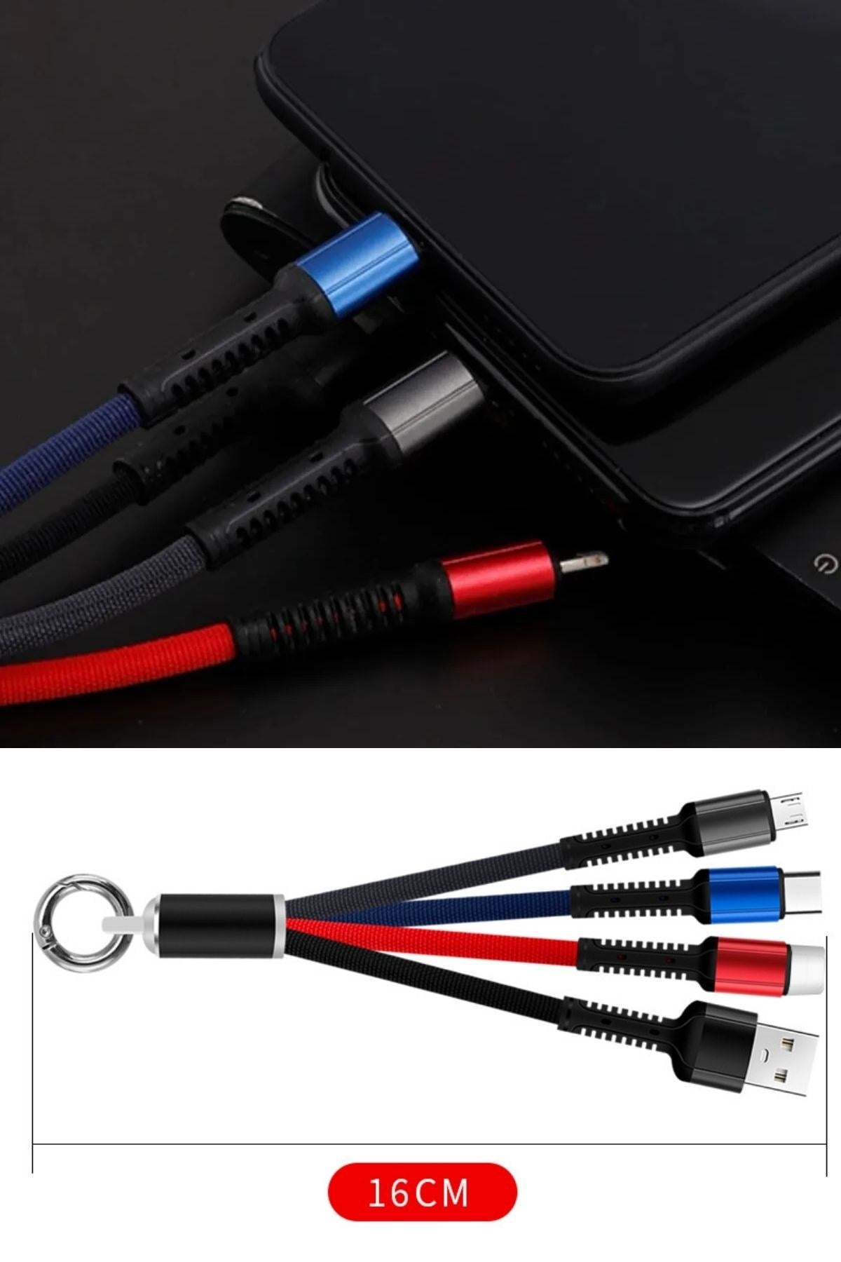 ANKAVERSE® Işıklı 3'ü 1 Arada Anahtarlık Şarj Kablosu - Micro, Type-C & Lightning Uyumlu